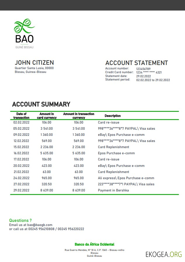 Guinée Bissau Relevé bancaire de Banco da Africa Ocidental